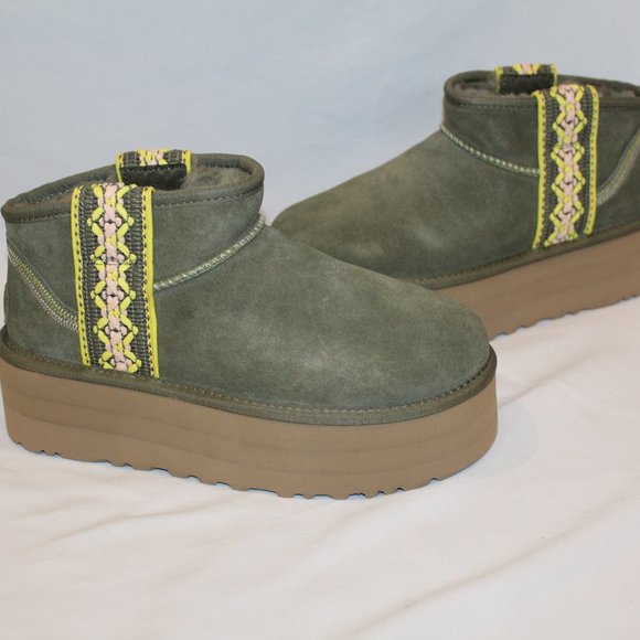 NIB UGG PLATFORM TASMAN BRAID ULTRA MINI SUEDE SHEARLING LINED BOOTS OLIVE GREEN - Picture 3 of 8